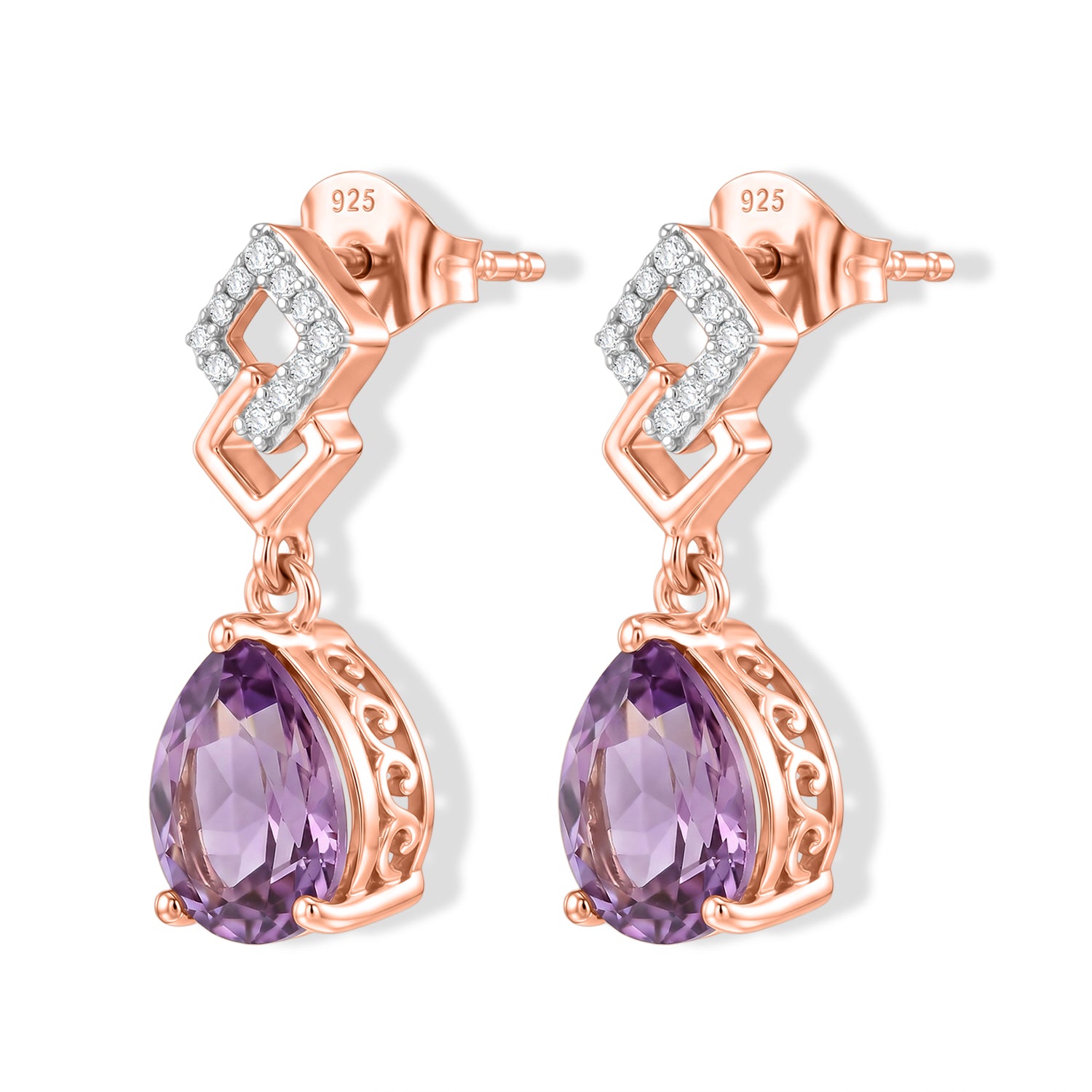 D'Joy Rose De France Amethyst, Weißer Zirkon Ohrringe 925 Silber Rosévergoldet ca. 3,35 ct.