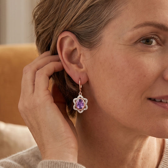 EverTrue Rose De France Amethyst und Zirkon florale Halo Ohrringe, 950 Kupfer rosévergoldet - 3,92 ct.