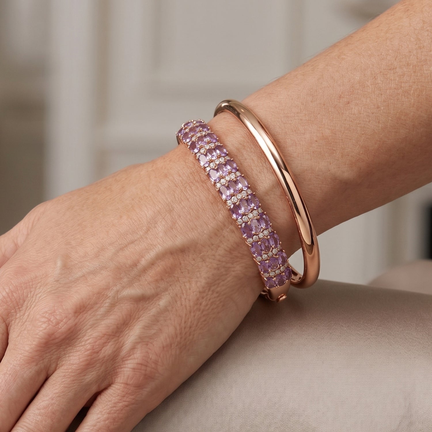 EverTrue Rose De France Amethyst und Zirkon 19cm Half-Eternity-Armreif, Messing rosévergoldet - 8,95 ct.