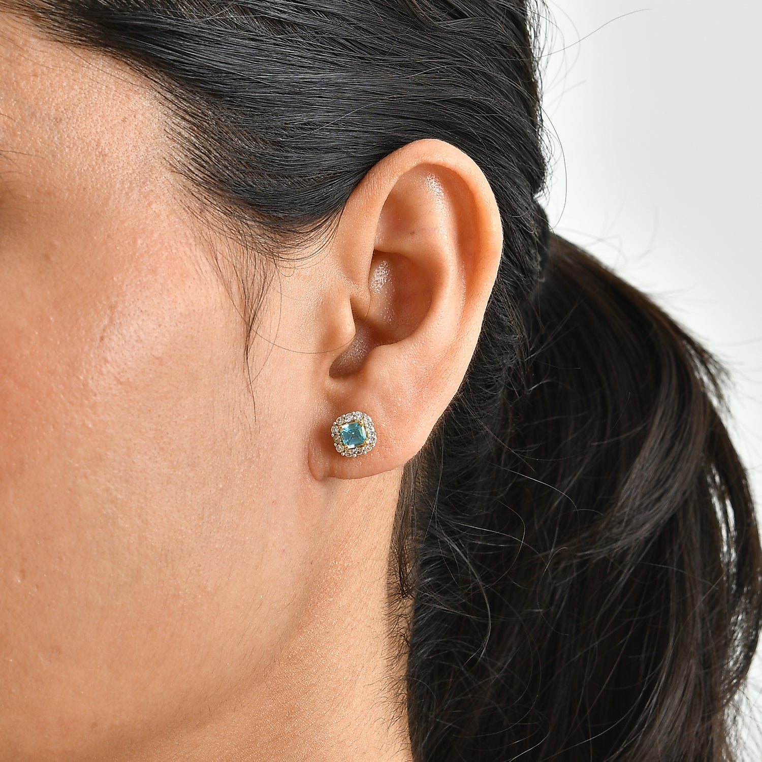 D'Joy AA Blauer Apatit, Weißer Zirkon Ohrringe 925 Silber Gold ca. 1,20 ct.