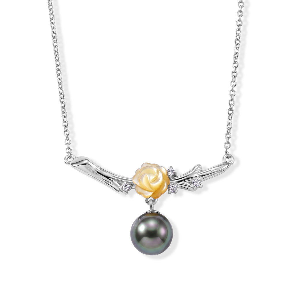 D'Joy Moissanit, Tahiti Perle (9-10mm) Halskette ca. 45 cm 925 Silber Rhodiniert 0.06 ct