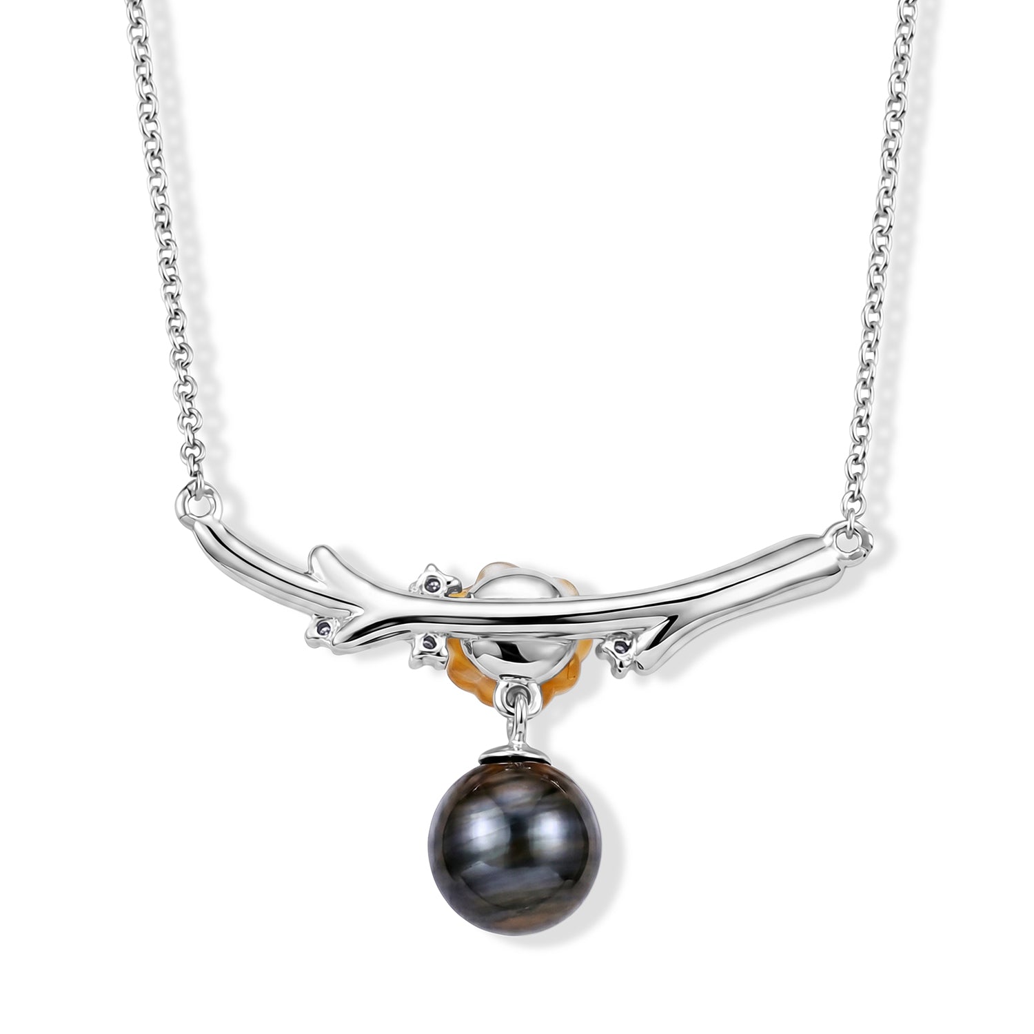 D'Joy Moissanit, Tahiti Perle (9-10mm) Halskette ca. 45 cm 925 Silber Rhodiniert 0.06 ct