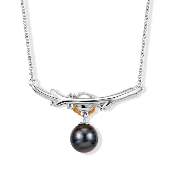 D'Joy Moissanit, Tahiti Perle (9-10mm) Halskette ca. 45 cm 925 Silber Rhodiniert 0.06 ct