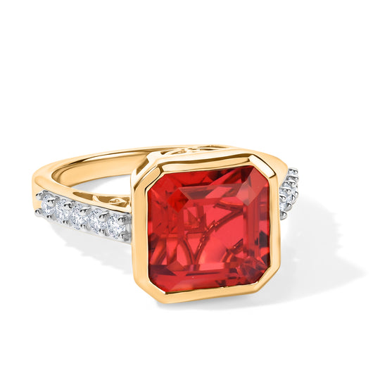 D'Joy Rubin Feuer Triplett Quarz und Zirkon Ring, 925 Silber 750 vergoldet - 5,80 ct.