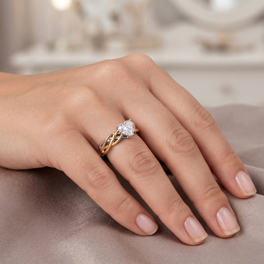 LUXURIANT SGL zertifizierter SI-GH Labor Herzschliff Diamant Ring, 925 Silber rhodiniert, 750 Gelbgold Vermeil und 750 Roségold Vermeil - 1 ct.