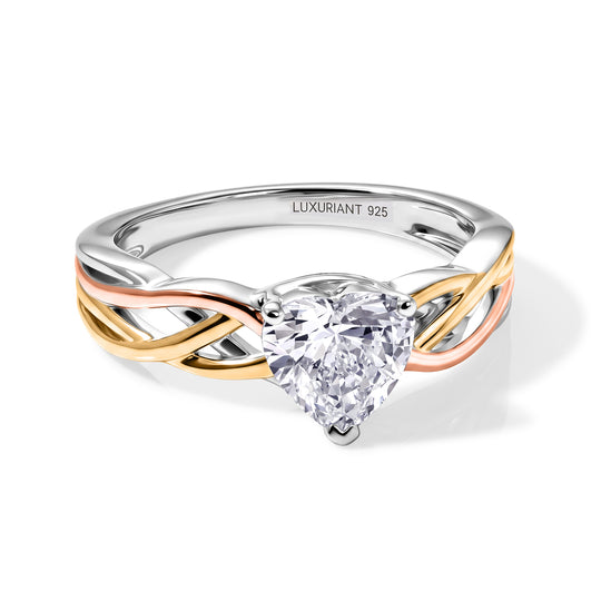 LUXURIANT SGL zertifizierter SI-GH Labor Herzschliff Diamant Ring, 925 Silber rhodiniert, 750 Gelbgold Vermeil und 750 Roségold Vermeil - 1 ct.