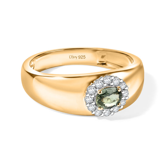 D'Joy natürlicher Parti Saphir und Zirkon Halo Herrenring, 925 Silber 750 Gelbgold Vermeil - 0,70 ct.