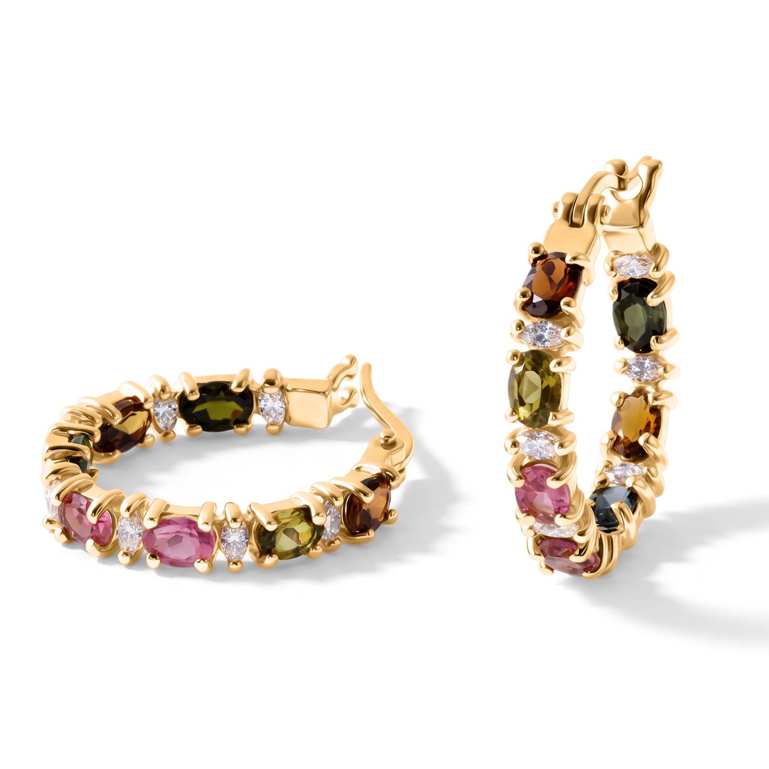 D'Joy AA Multi-Turmalin und Moissanit Inside Out Creolen, 925 Silber 750 Gelbgold Vermeil - 2,84 ct.