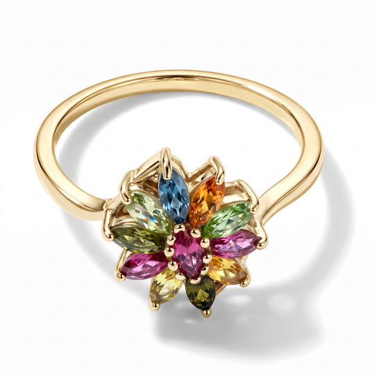 D'Joy AA Multi-Turmalin floraler Ring, 925 Silber vergoldet - 0,86 ct.
