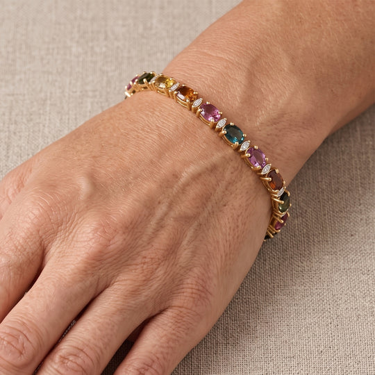 D'Joy AA Multi-Turmalin und Moissanit 20cm Eternity Armband, 925 Silber 750 Gelbgold Vermeil - 12,54 ct.