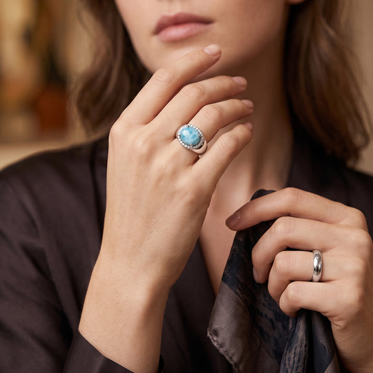 D'Joy AAA Larimar, Weißer Zirkon Ring 925 Silber Platiniert (Größe 18.00) ca. 2,60 ct