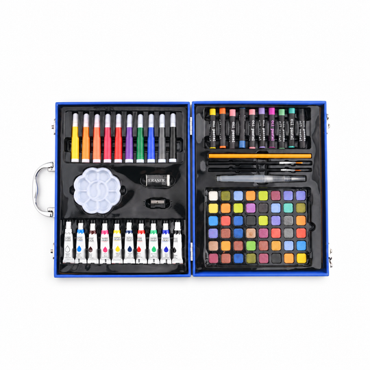 85 pcs painting set accessories:10 markers?10 replacement?10 wax pens?48 solid powder?1 rubber?1 knife?1 dish?4 tools material:density board?plastic product size:30*23*5cm N.W:850g