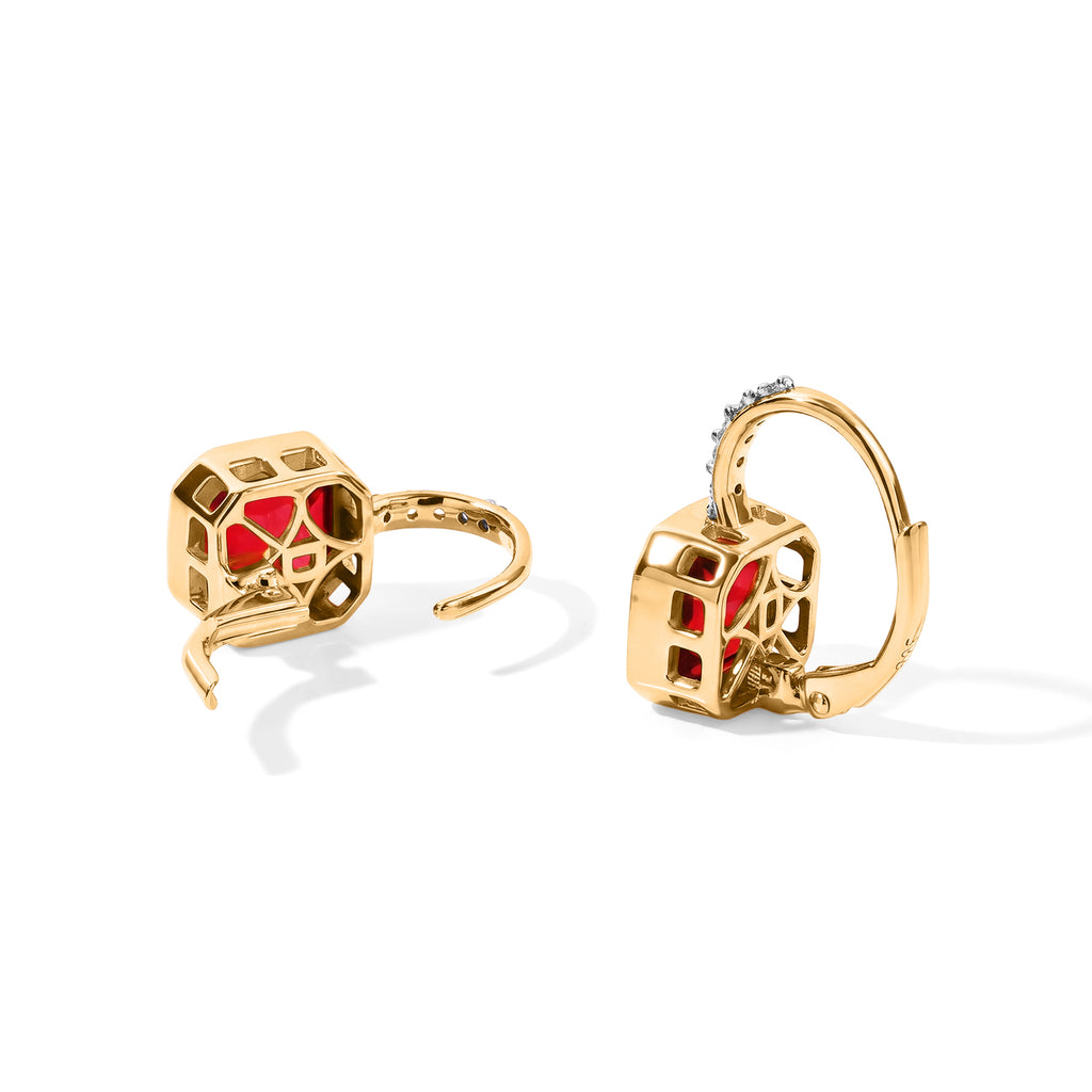 D'Joy Rubin-Feuer-Triplett-Quarz., Weißer Zirkon Ohrringe 925 Silber Gold ca. 5,58 ct.