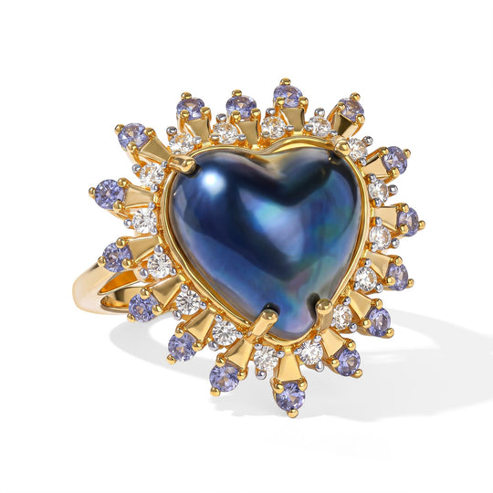 D'Joy Blau Mabe Perle (14 mm), Tansanit Ring 925 Silber 750 Gelbgold vermeil (Größe 20.00)