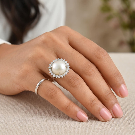 D'Joy AA Weiße Mabe Perle (16 mm), Moissanit Ring 925 Silber Rhodiniert (Größe 19.00)