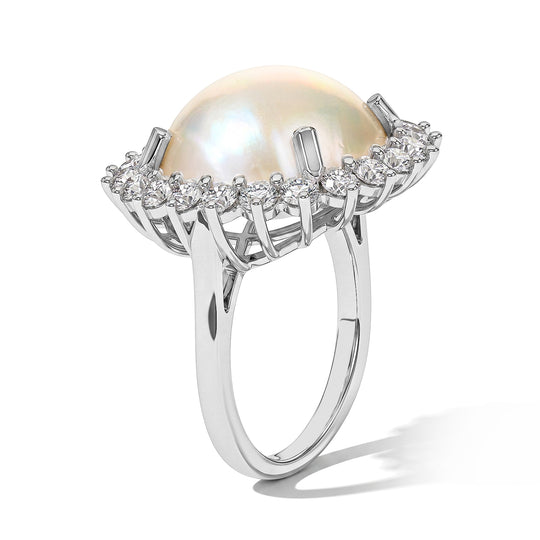 D'Joy AA Weiße Mabe Perle (16 mm), Moissanit Ring 925 Silber Rhodiniert (Größe 19.00)