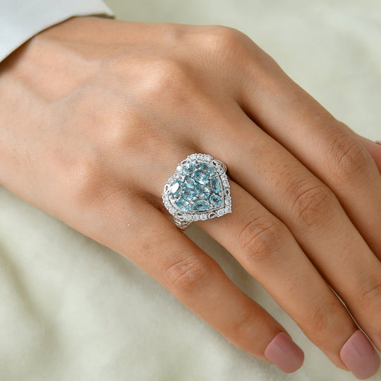 D'Joy blauer und weißer Zirkon Halo Herz Ring, 925 Silber rhodiniert - 4,77 ct.