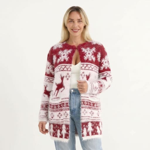 LA MAREY Damen-Strickjacke mit Schneeflockenmuster und 2 Taschen, 78 cm lang, weiß und Rot