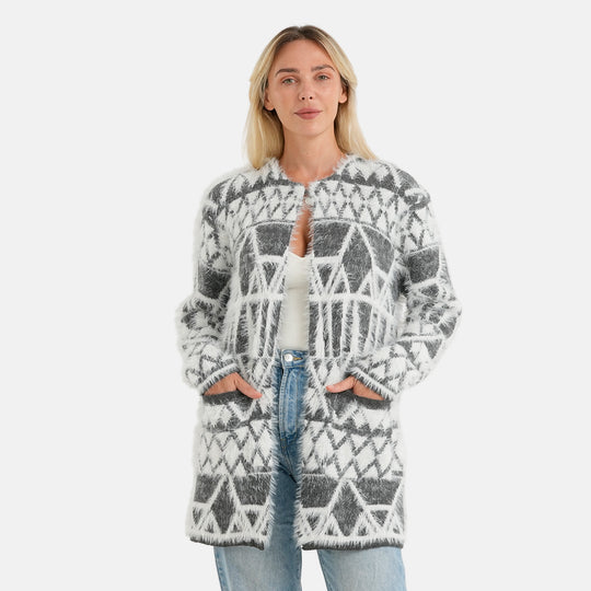 LA MAREY Damen-Cardigan mit Wintermuster und 2 Taschen, Einheitsgröße EU 36-42, Grau