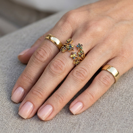 D'Joy mehrfarbiger Diamant floraler Ring, 925 Silber 750 Gelbgold Vermeil - 1 ct.