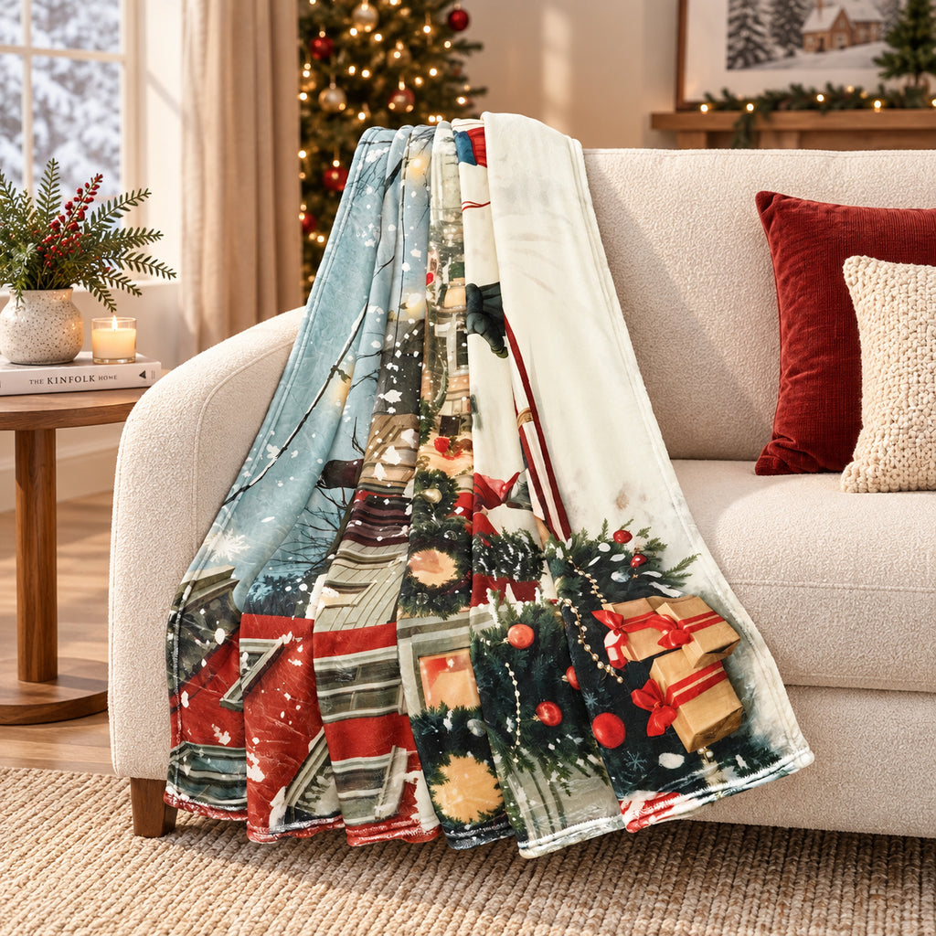 LIVMORE - Flanelldecke im Design Weihnachtsmarkt, Weich und wärmend, 150 x 200 cm