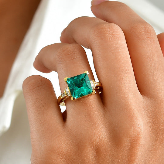 D'Joy Labor Smaragd und Labor Diamant Ring, 925 Silber 750 Gelbgold Vermeil - 4,59 ct.