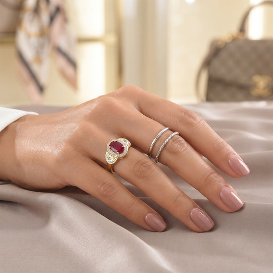 D'Joy AA afrikanischer Rubin (Fissure gefüllt) und Zirkon Ring, 925 Silber 750 Gelbgold Vermeil - 3,82 ct.