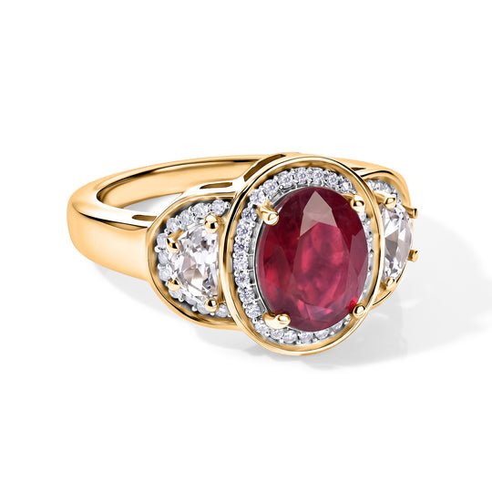 D'Joy AA afrikanischer Rubin (Fissure gefüllt) und Zirkon Ring, 925 Silber 750 Gelbgold Vermeil - 3,82 ct.