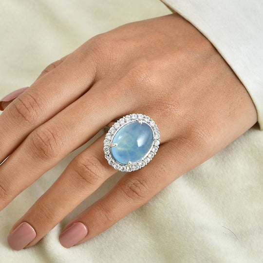 D'Joy Milchiger Aquamarin, Weißer Zirkon Ring 925 Silber Rhodiniert (Größe 18.00) ca. 20,44 ct