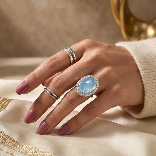D'Joy Milchiger Aquamarin, Weißer Zirkon Ring 925 Silber Rhodiniert (Größe 18.00) ca. 20,44 ct