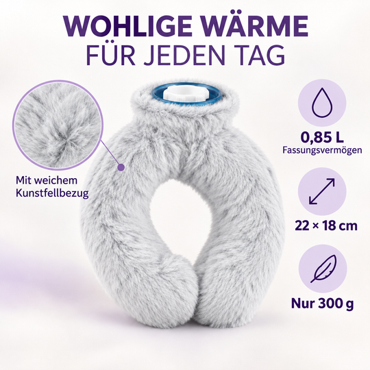 Nacken-Wärmflasche mit weichem Kunstfellbezug, 0,85 L, 22 x 18 cm, Kaffeebraun