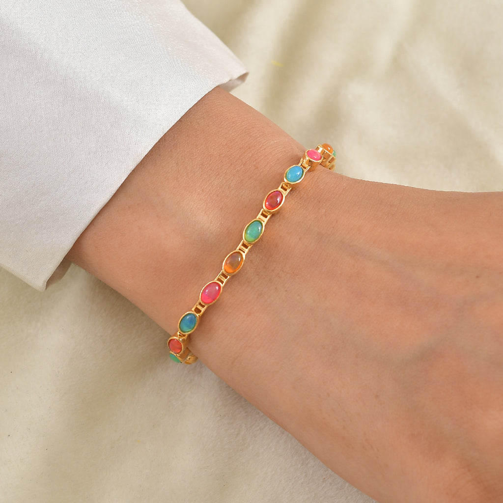D'Joy AA Natürlicher Mehrfarbiger Welo Opal
  Armband ca. 19 cm 925 Silber 750 Gelbgold vermeil ca. 4,00 ct.