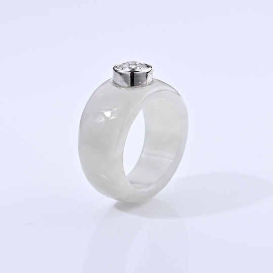D'Joy Weiße Jade, Moissanit Ring 925 Silber Rhodiniert (Größe 21.00) (10-15 Werktage Lieferzeit) ca. 29.00 ct