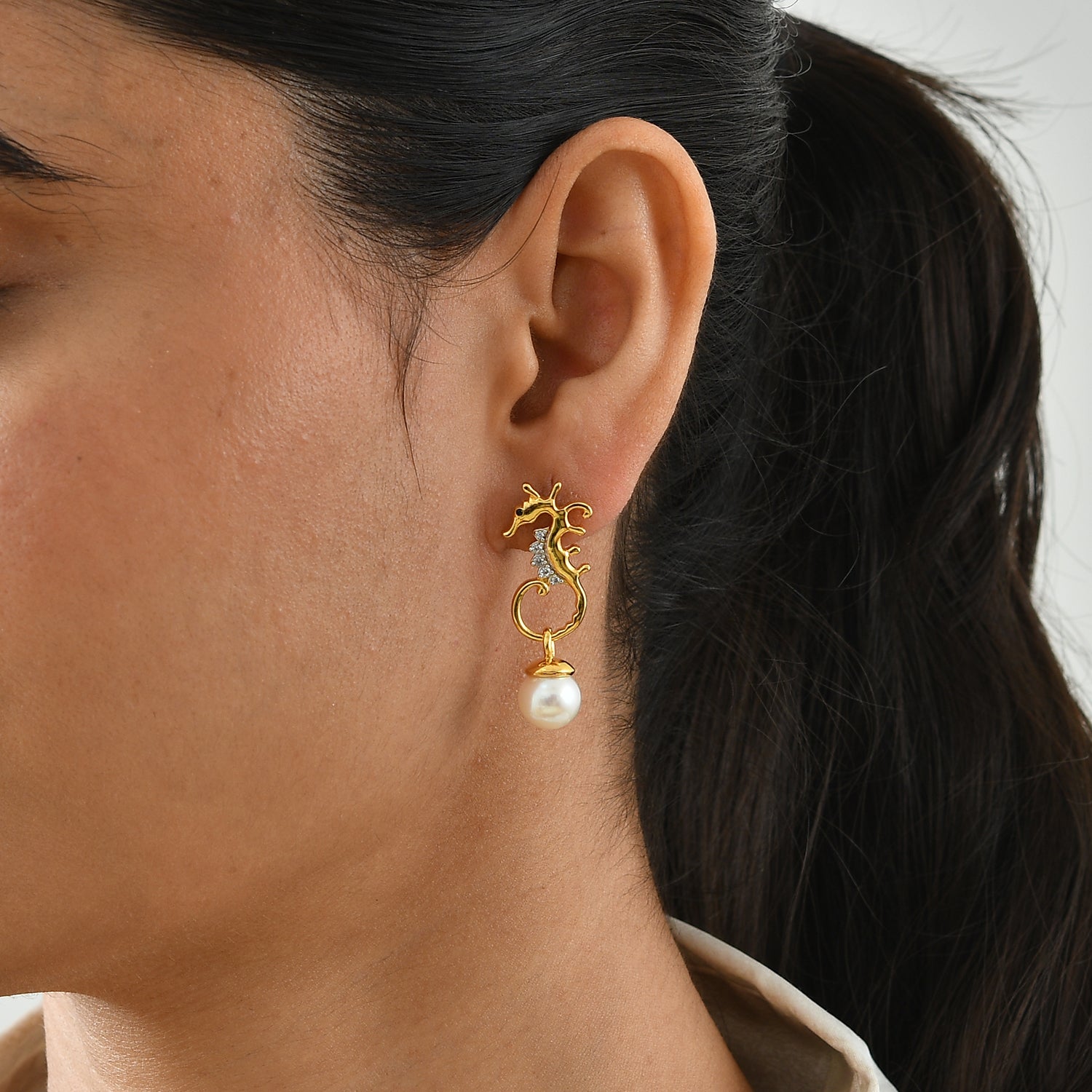 GP - Süßwasser Perle (8 mm), Weißer Zirkon Ohrringe 925 Silber 750 Gelbgold vermeil