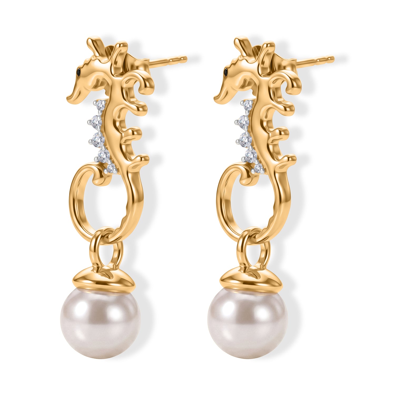 GP - Süßwasser Perle (8 mm), Weißer Zirkon Ohrringe 925 Silber 750 Gelbgold vermeil