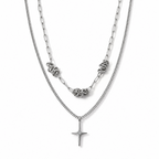 Zweireihige Halskette mit Kreuzanhänger und weißem Kristall, 316L-Edelstahl, ca. 52 cm, silberfarben 1.00 ct