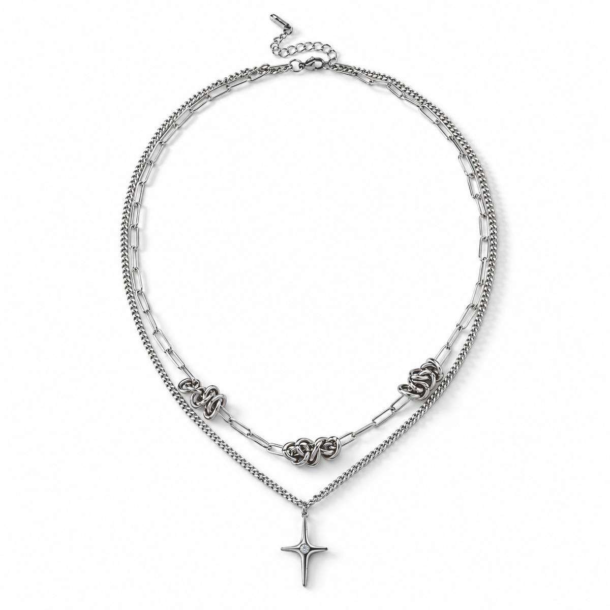 Zweireihige Halskette mit Kreuzanhänger und weißem Kristall, 316L-Edelstahl, ca. 52 cm, silberfarben 1.00 ct