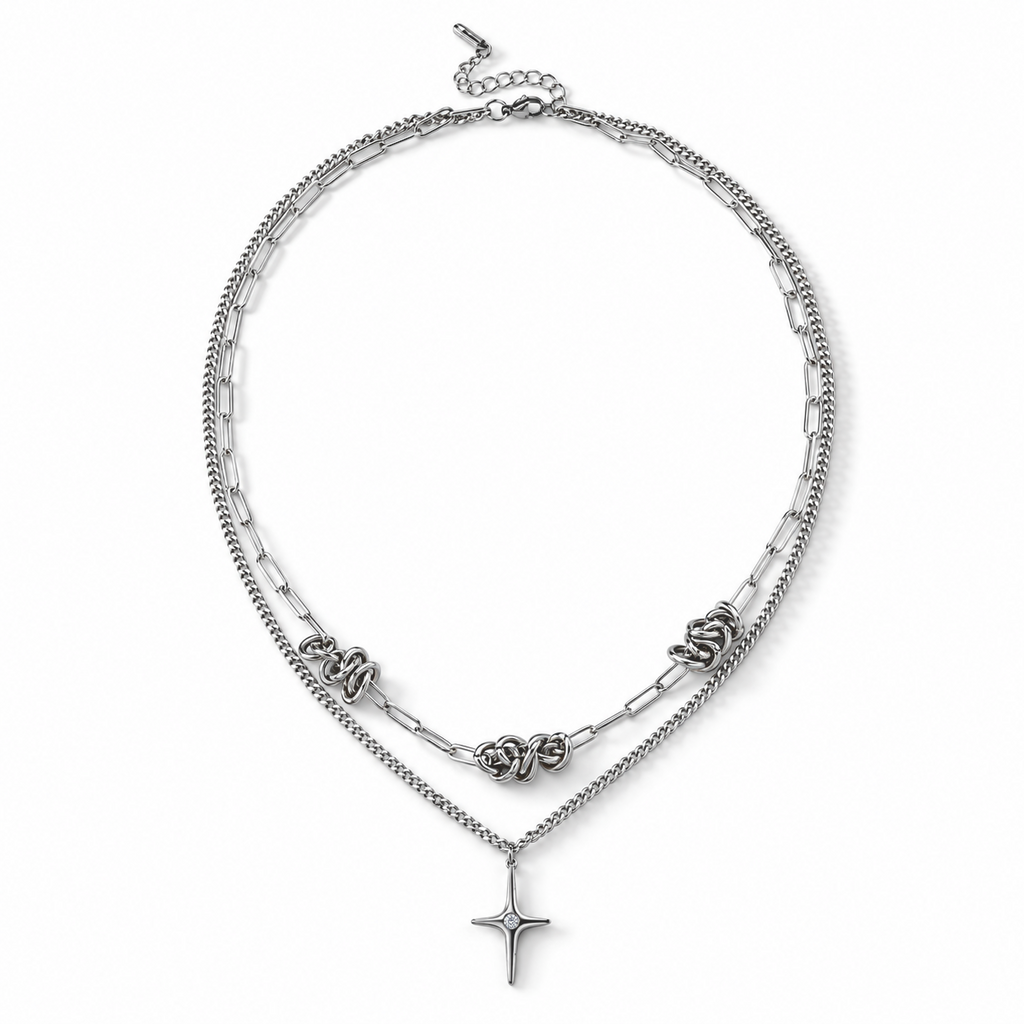 Zweireihige Halskette mit Kreuzanhänger und weißem Kristall, 316L-Edelstahl, ca. 52 cm, silberfarben 1.00 ct