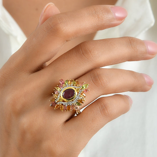 D'Joy afrikanischer Rubin (Fissure gefüllt), Multi-Turmalin und Zirkon Ring, 925 Silber 750 Gelbgold Vermeil - 5,93 ct.
