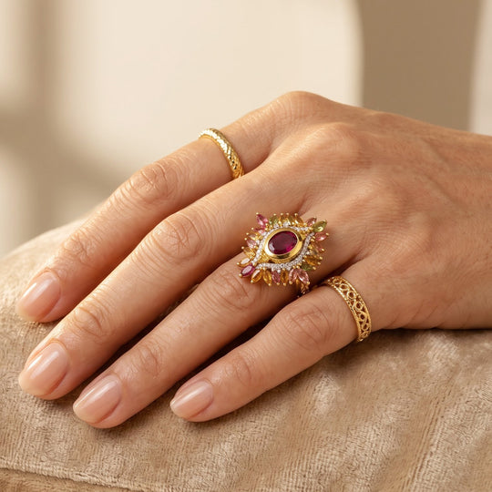 D'Joy afrikanischer Rubin (Fissure gefüllt), Multi-Turmalin und Zirkon Ring, 925 Silber 750 Gelbgold Vermeil - 5,93 ct.