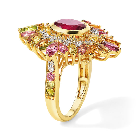 D'Joy afrikanischer Rubin (Fissure gefüllt), Multi-Turmalin und Zirkon Ring, 925 Silber 750 Gelbgold Vermeil - 5,93 ct.