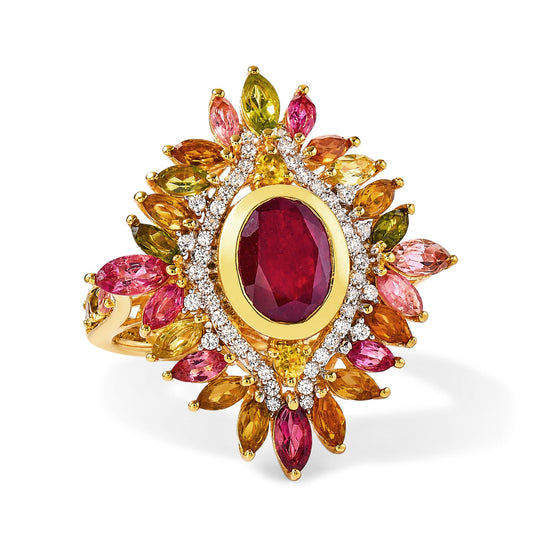 D'Joy afrikanischer Rubin (Fissure gefüllt), Multi-Turmalin und Zirkon Ring, 925 Silber 750 Gelbgold Vermeil - 5,93 ct.