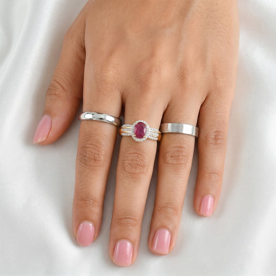 LUXURIANT AA afrikanischer Rubin (Fissure gefüllt) und Labor Diamant Ring, 925 Silber 750 Gelbgold Vermeil - 2,16 ct.