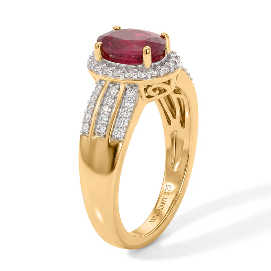 LUXURIANT AA afrikanischer Rubin (Fissure gefüllt) und Labor Diamant Ring, 925 Silber 750 Gelbgold Vermeil - 2,16 ct.