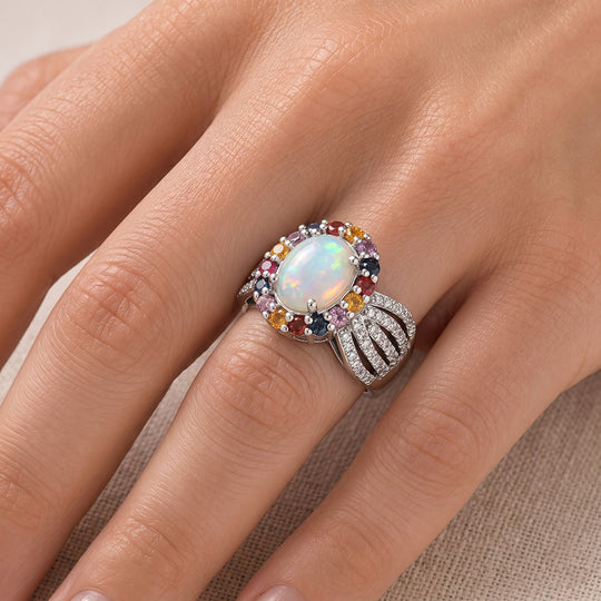D'Joy AA Natürlicher, äthiopischer Welo Opal, Mehrfarbig Saphir Ring 925 Silber Rhodiniert (Größe 20.00) ca. 2,18 ct