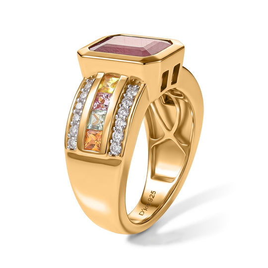 D'Joy AAA afrikanischer Rubin (Fissure gefüllt), mehrfarbiger Saphir und Moissanit Ring, 925 Silber 750 Gelbgold Vermeil - 6,40 ct.