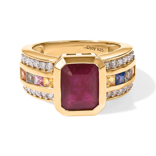 D'Joy AAA afrikanischer Rubin (Fissure gefüllt), mehrfarbiger Saphir und Moissanit Ring, 925 Silber 750 Gelbgold Vermeil - 6,40 ct.
