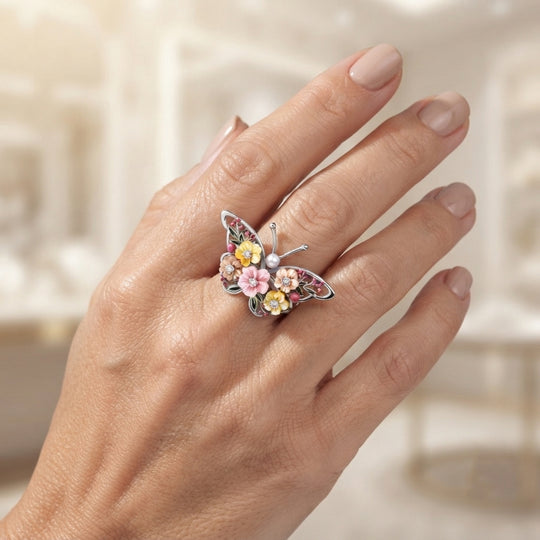 JARDIN KOLLEKTION D'Joy Rosa Perlmutt (8 mm), Weiße Süßwasser Perle (3-4mm) Ring 925 Silber Rhodiniert (Größe 16.00)