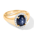 D'Joy AA Blauer Stern Saphir, Moissanit Ring 925 Silber 750 Gelbgold vermeil (Größe 18.00) ca. 3,33 ct