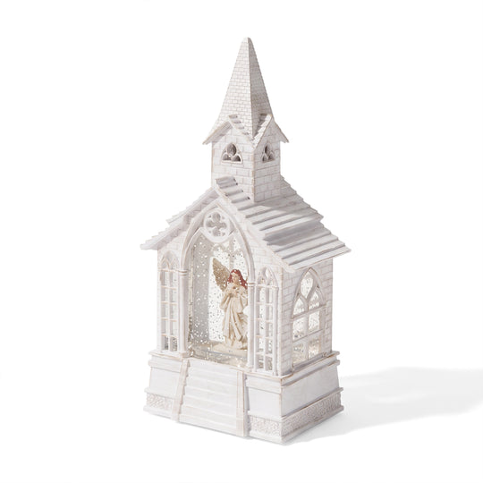 LED-Wasserlaterne in Kirchenform mit Engel, Glitzerwirbel und 2 Weihnachtsmelodien, 11x7,8x23cm, Weiß